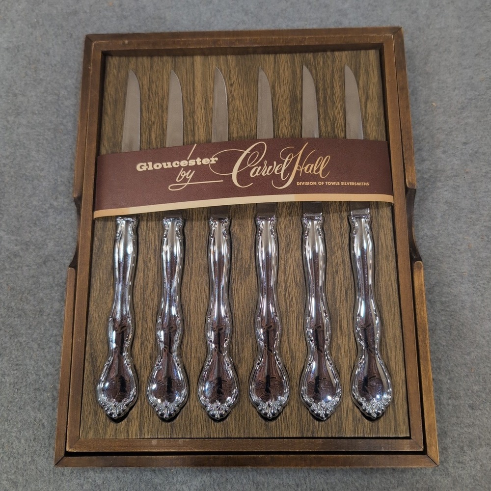 Carvel Hall Gloucester Steak Knives Set of 6 Vintage Silverplate Wooden Case